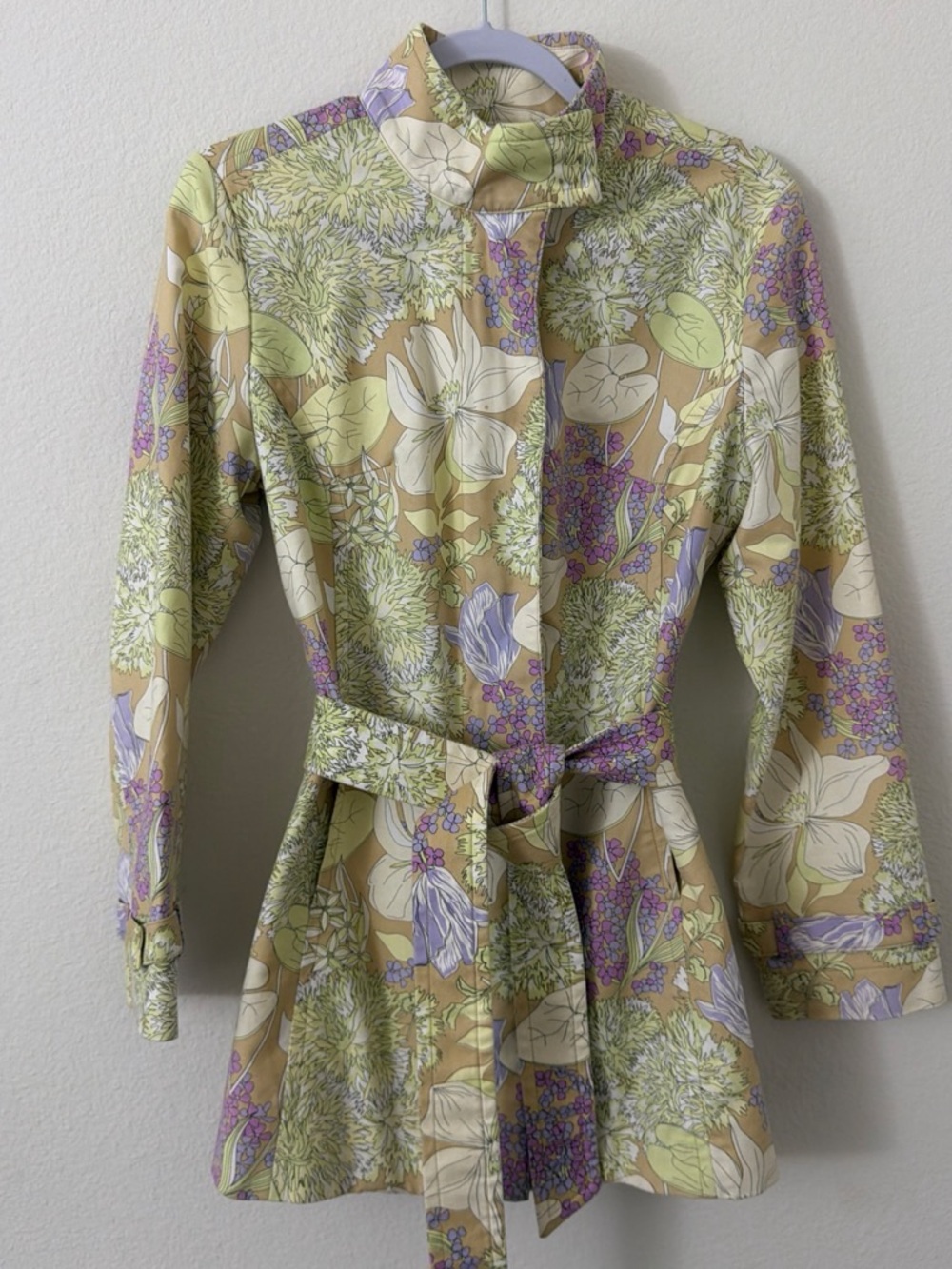 Mossimo Floral Belted Trench Coat in Sage, Lavender & Cream